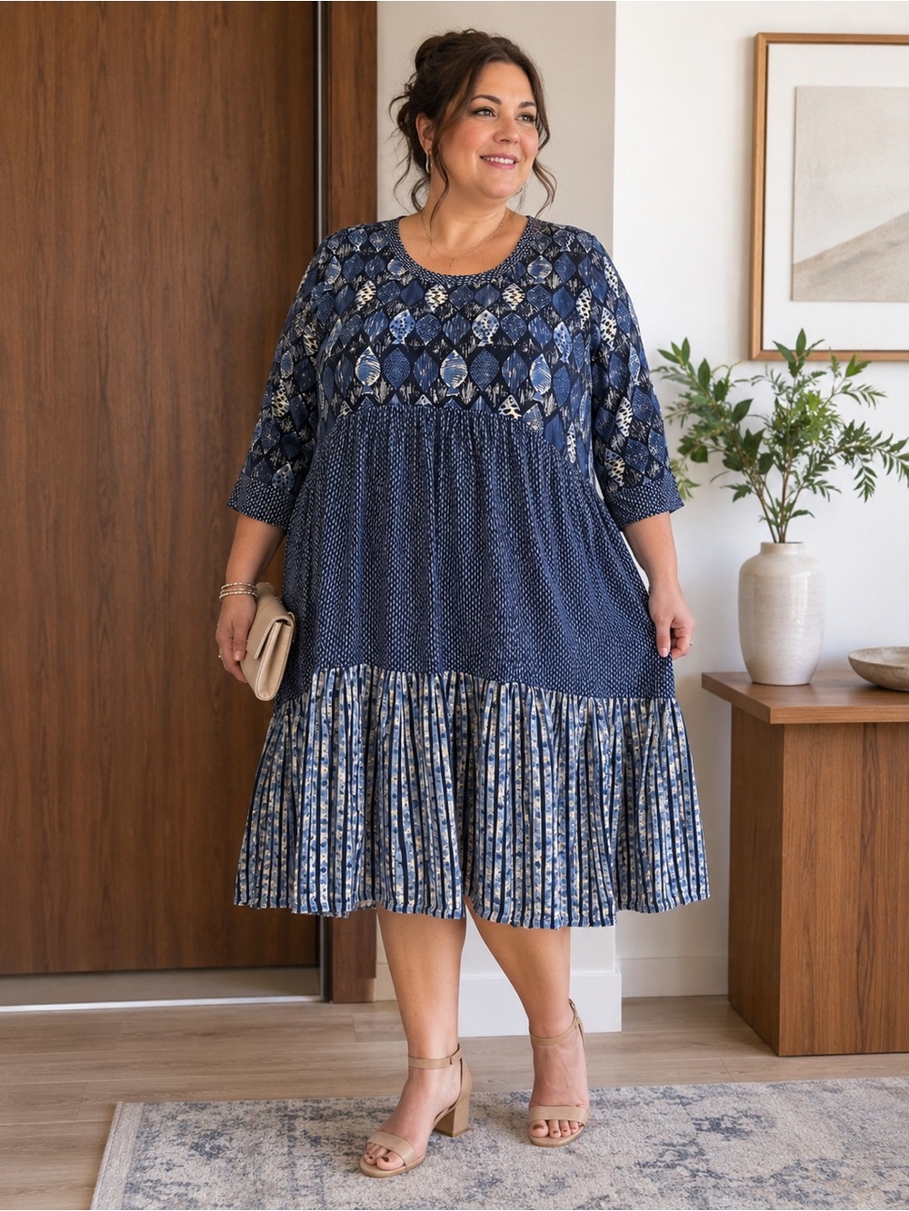 Vintage BIBA India Blue Boho Midi Dress Size 40 100% Viscose Tiered Printed